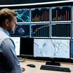 A diverse team of professional cybersecurity analysts, adults, focused and vigilant, working collaboratively in a modern, high-tech Security Operations Center (SOC). They are wearing modest business attire. Multiple large screens display intricate data visualizations, network maps, and real-time threat alerts in a subtly futuristic, well-lit environment. Professional photography, high resolution, realistic, sharp focus, natural colors, perfect anatomy, correct proportions, well-formed hands, proper finger count, natural body proportions, fully clothed, appropriate attire, professional dress, safe for work, appropriate content, family-friendly.