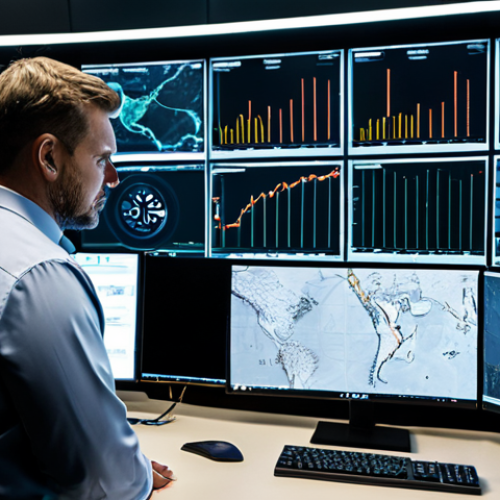 A diverse team of professional cybersecurity analysts, adults, focused and vigilant, working collaboratively in a modern, high-tech Security Operations Center (SOC). They are wearing modest business attire. Multiple large screens display intricate data visualizations, network maps, and real-time threat alerts in a subtly futuristic, well-lit environment. Professional photography, high resolution, realistic, sharp focus, natural colors, perfect anatomy, correct proportions, well-formed hands, proper finger count, natural body proportions, fully clothed, appropriate attire, professional dress, safe for work, appropriate content, family-friendly.