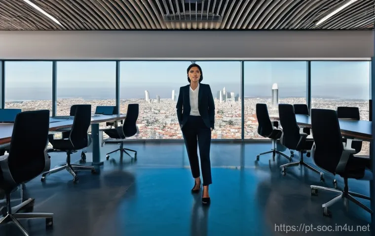 보안관제센터 퇴사 후 커리어 방향 - **Prompt:** "A determined professional woman, in her late 30s, dressed in a sleek, modern business b...