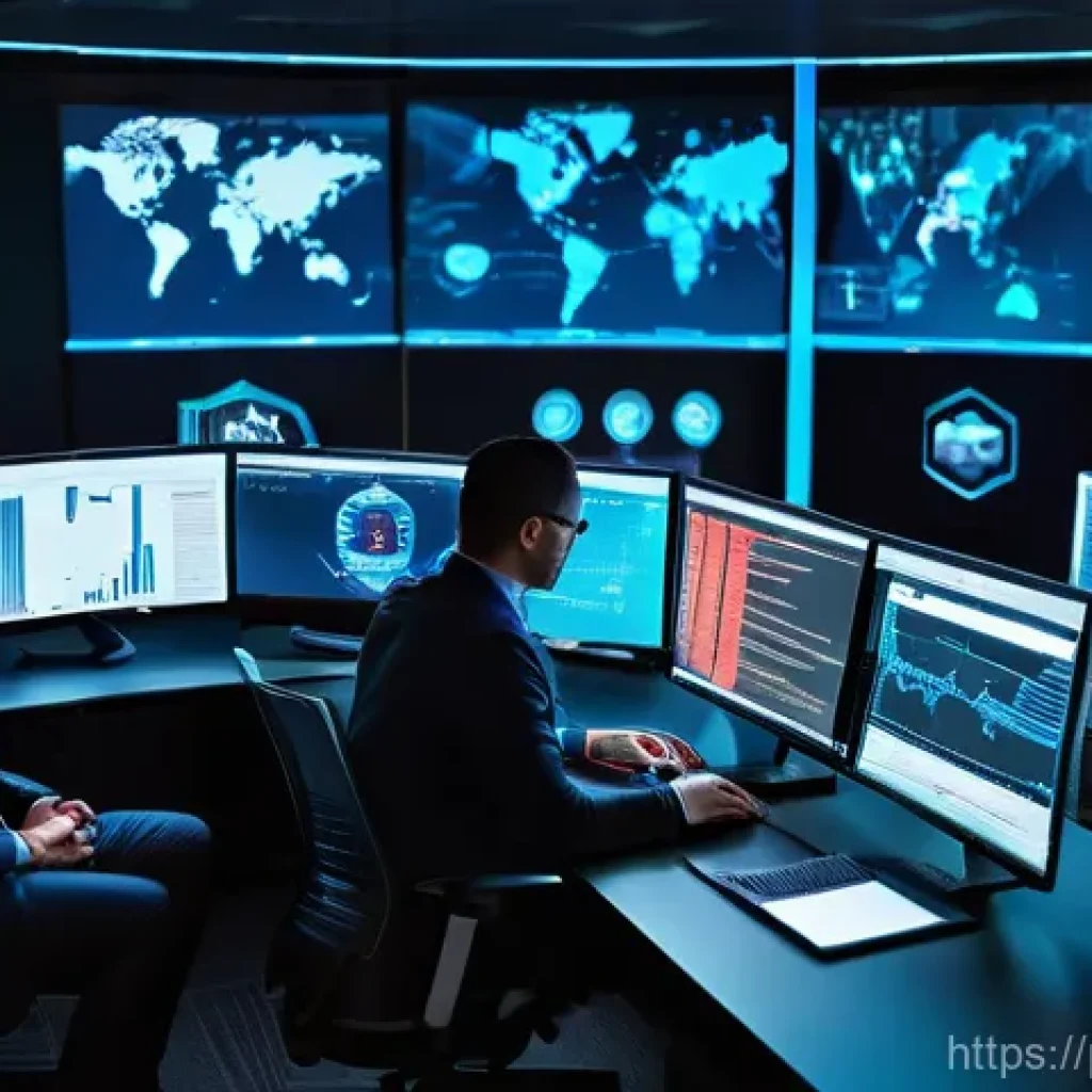 보안관제센터에서의 협업과 팀워크 - **Prompt:** A dynamic and high-tech Security Operations Center (SOC) bustling with activity. A diver...