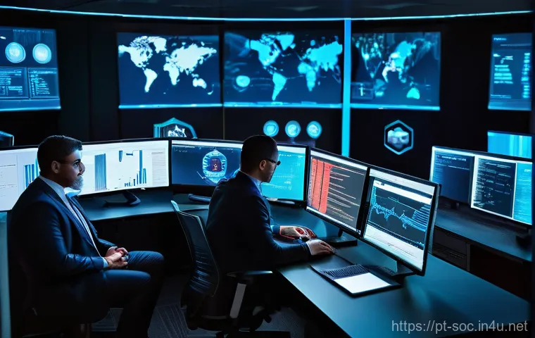보안관제센터에서의 협업과 팀워크 - **Prompt:** A dynamic and high-tech Security Operations Center (SOC) bustling with activity. A diver...