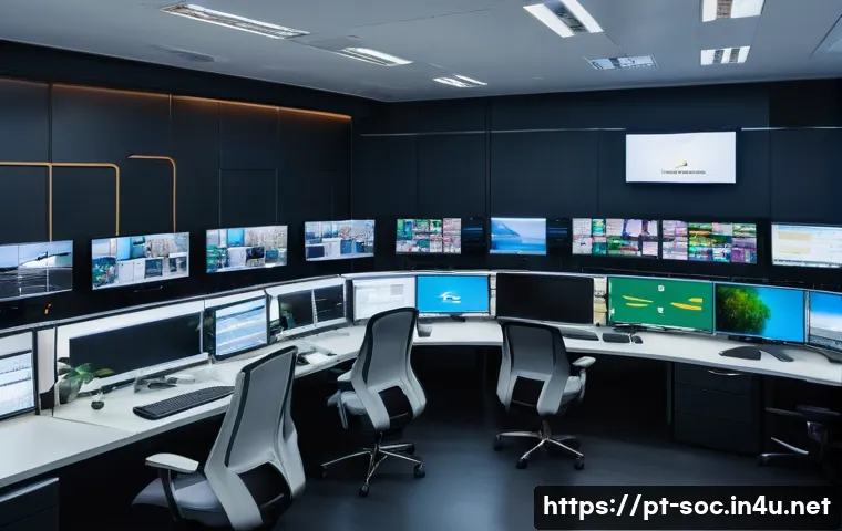 보안관제센터 근무 스트레스 관리법 - A modern, well-lit monitoring control room in Brazil with diverse professionals attentively watching...