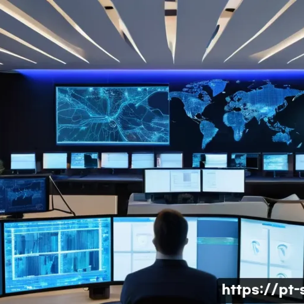 보안관제센터에서 주로 발생하는 위협 - A high-tech Security Operations Center (SOC) room with multiple large digital screens displaying rea...