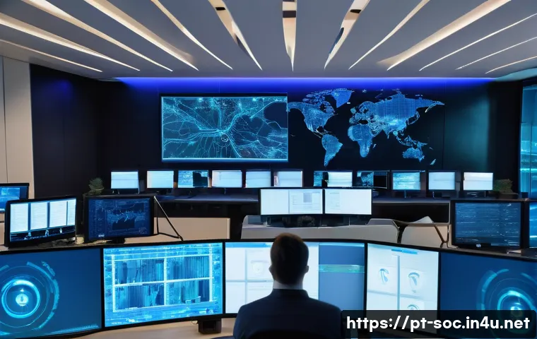보안관제센터에서 주로 발생하는 위협 - A high-tech Security Operations Center (SOC) room with multiple large digital screens displaying rea...