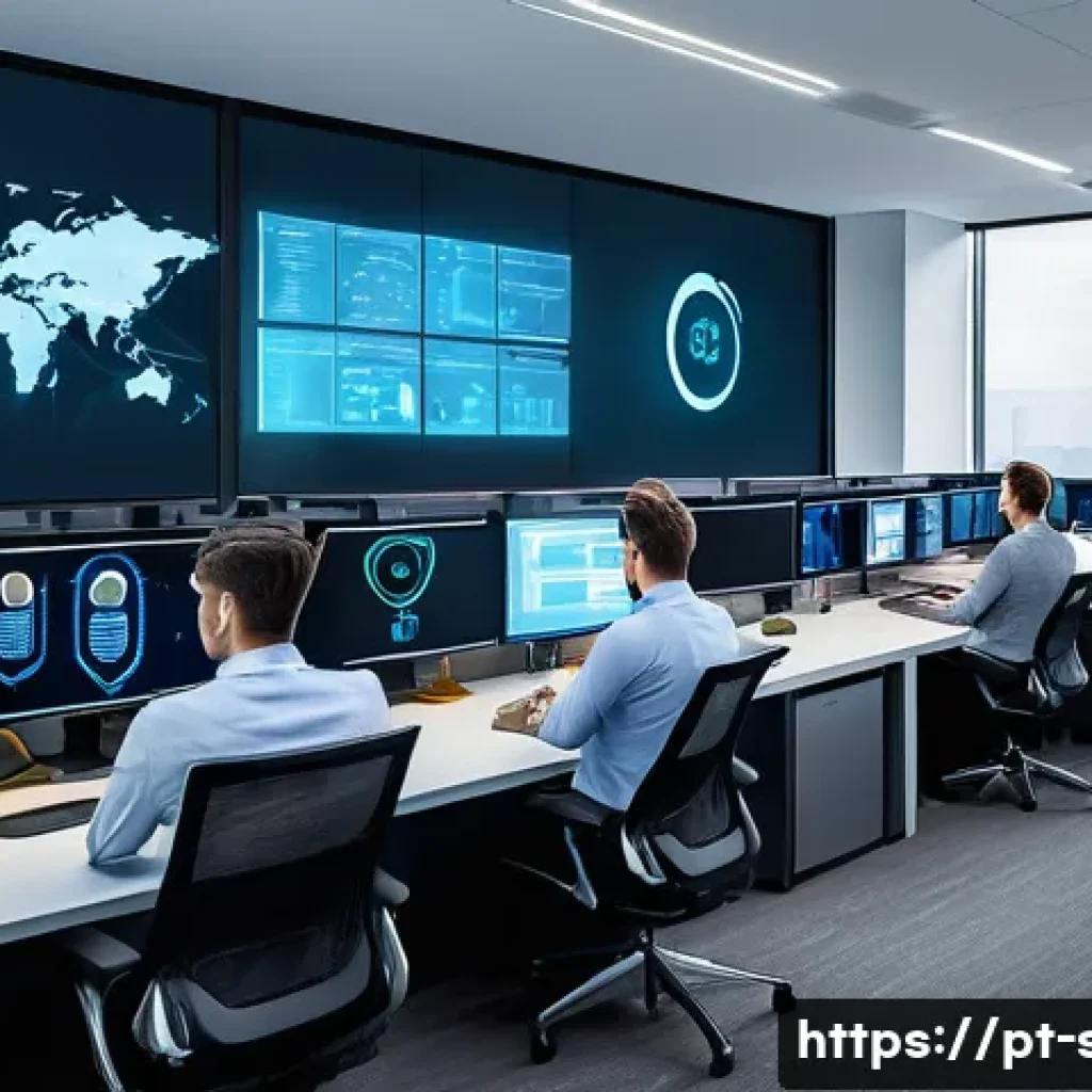 보안관제센터에서의 정책 준수 사례 - A modern cybersecurity operations center with a diverse team of professionals working collaborativel...