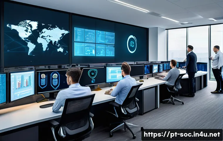 보안관제센터에서의 정책 준수 사례 - A modern cybersecurity operations center with a diverse team of professionals working collaborativel...