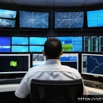 Home 22 보안관제센터 연봉협상 팁 - A professional security monitoring center operator in São Paulo, Brazil, attentively watching multip...