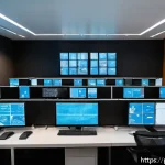 Home 21 보안관제센터 보안 정책 설정 사례 - A modern corporate security operations center in São Paulo, Brazil, showcasing a diverse team of Bra...
