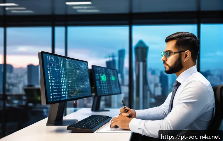 보안관제 전문가가 알아야 할 법규와 표준 - A professional cybersecurity specialist in a modern Brazilian office environment, analyzing digital ...