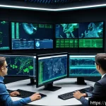 Home 19 보안관제 업무에서의 침해사고 유형 - A high-tech cybersecurity operations center (SOC) room with multiple large monitors displaying netwo...
