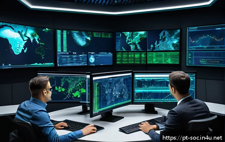 보안관제 업무에서의 침해사고 유형 - A high-tech cybersecurity operations center (SOC) room with multiple large monitors displaying netwo...