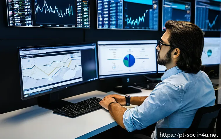 보안관제센터 근무자의 하루 일과 - A cybersecurity analyst in a modern S&atilde;o Paulo office environment, focused and alert, monitoring mult...