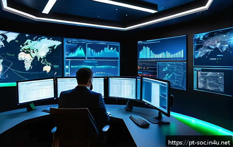 보안관제 경력직 면접 질문 대비 - A modern cybersecurity operations center with diverse professionals working at multiple computer mon...