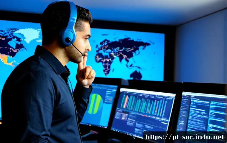 Home 17 보안관제센터 현업에서 자주 묻는 질문 - Photorealistic cybersecurity operations center in Portugal, experienced security analyst wearing a h...