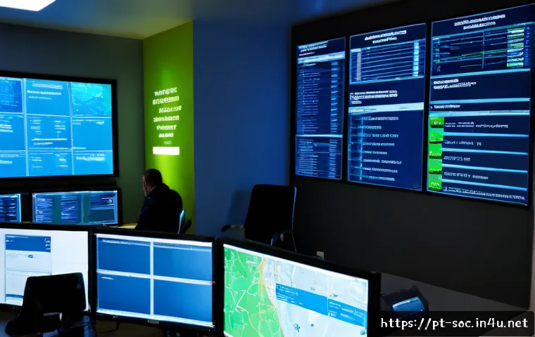Home 17 보안관제센터 시스템 설정 체크리스트 - Photorealistic modern security operations center in Portugal, senior cybersecurity analyst seated at...